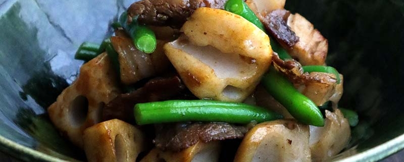 れんこんと牛こま肉のはちみつオイスター炒め蒸し